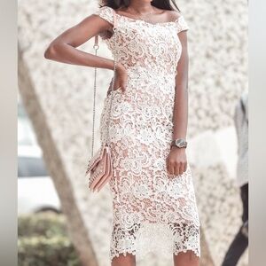 INA Charm Me White Lace/Crochet Off Shoulder Midi Dress w/ Pink Underlay - Small